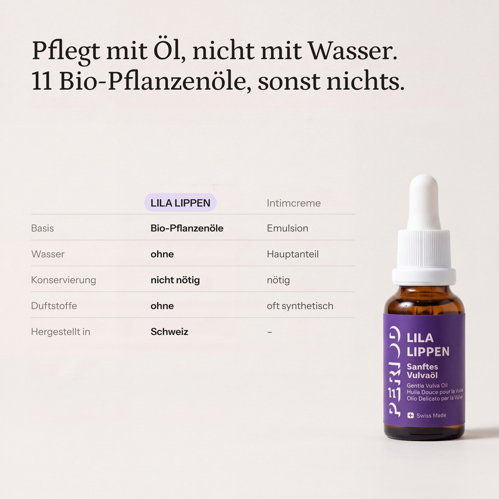 LILA LIPPEN Vulvaöl – Pflegt mit Öl, nicht mit Wasser. 11 Bio-Pflanzenöle, sonst nichts.
